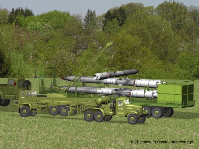 Przeładunek rakiety za pomocą dźwigu SH-6,3 z naczepy PR-6R na STZ PR-11B.