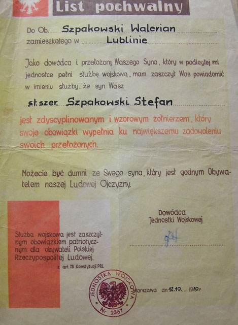 Listy pochwalne, wysyłane do rodziców żołnierza. Listy pochwalne, wysyłane do rodziców żołnierza.