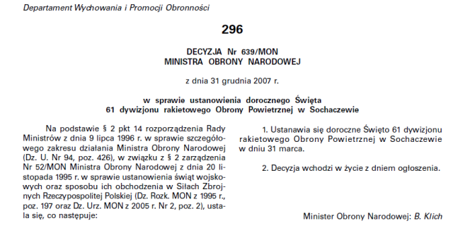 Decyzja 639/MON z dnia 31 grudnia 2007. Decyzja 639/MON z dnia 31 grudnia 2007.