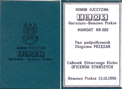 Okładka i pierwsza strona legitymacji członka EKOS.